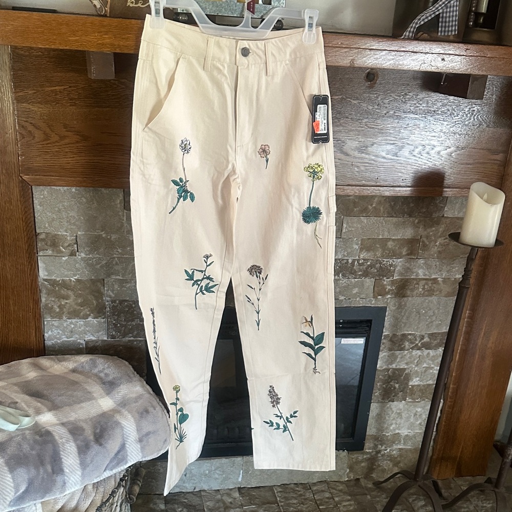 Zumiez Cream Floral Embroidered Straight Leg Jeans